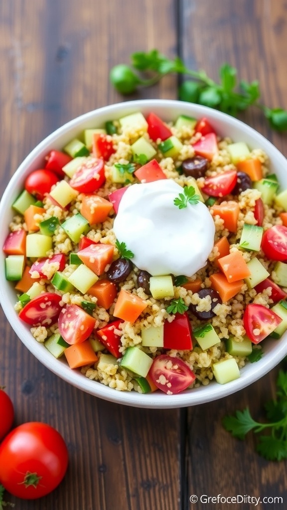 A colorful quinoa salad with cherry tomatoes, cucumbers, and bell peppers, topped with Greek yogurt dressing and fresh herbs.